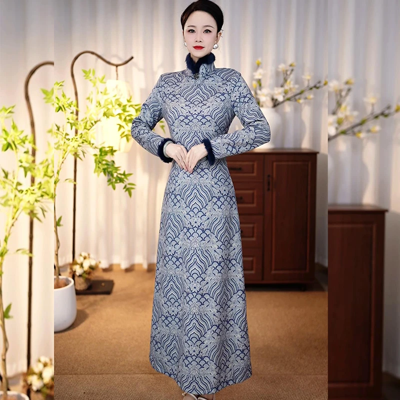 [谁穿谁好看]2024冬季新款改良旗袍连衣裙气质保暖显瘦复古中国风