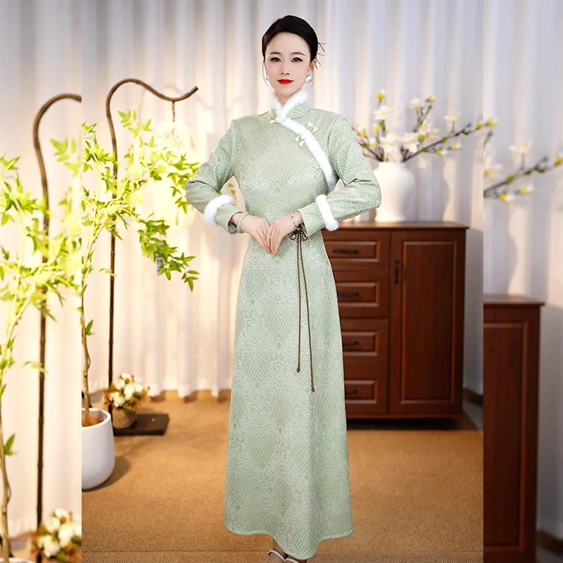 【云锦伊人】2024冬季新款加绒加厚保暖改良旗袍连衣裙复古中国风