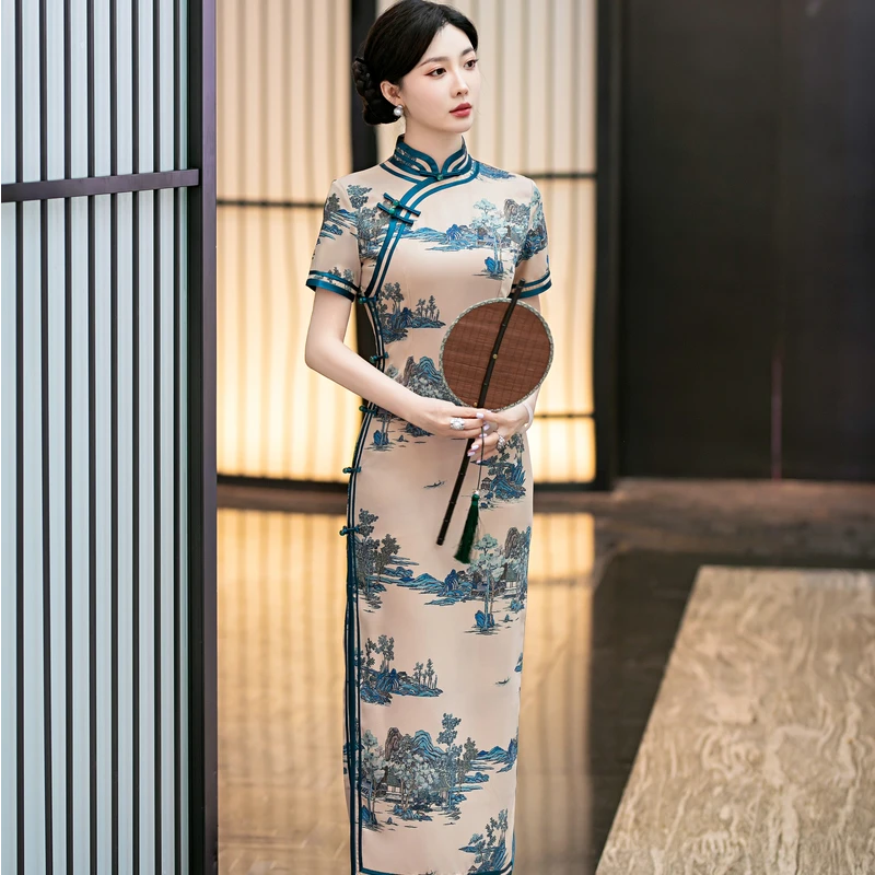 【SYG897】2024女士夏季斜纹中国风旗袍气质复古日常走秀旗袍长款