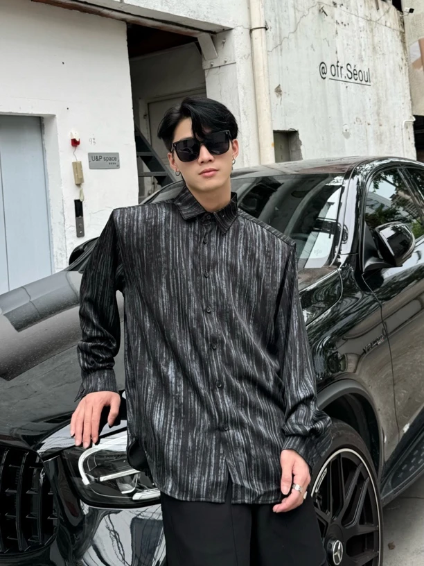 几何条纹设计感宽松休闲长袖衬衫潮流时尚衬衣C2929