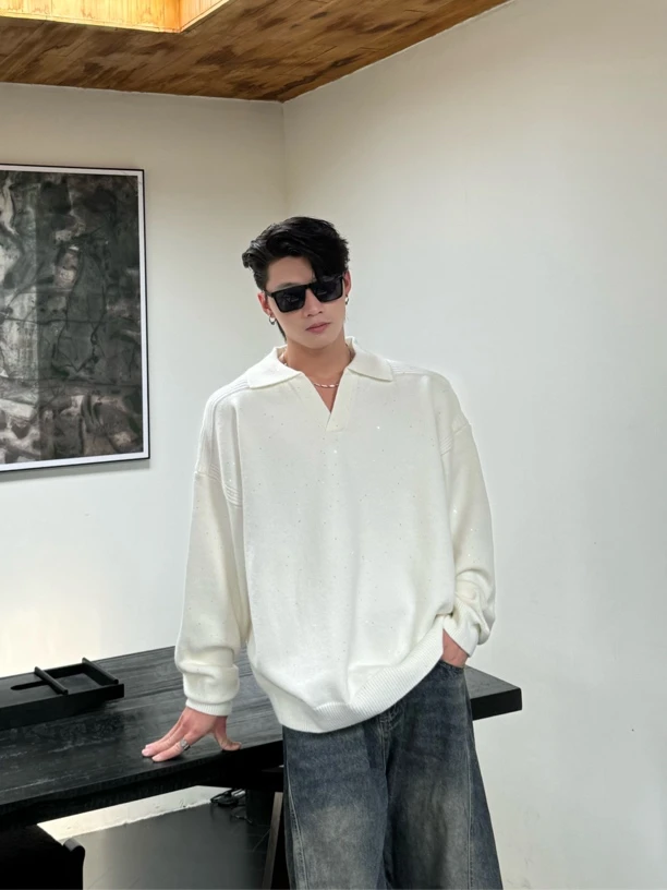 春秋男士V领拼接长袖POLO衫宽松翻领休闲毛衣M0001