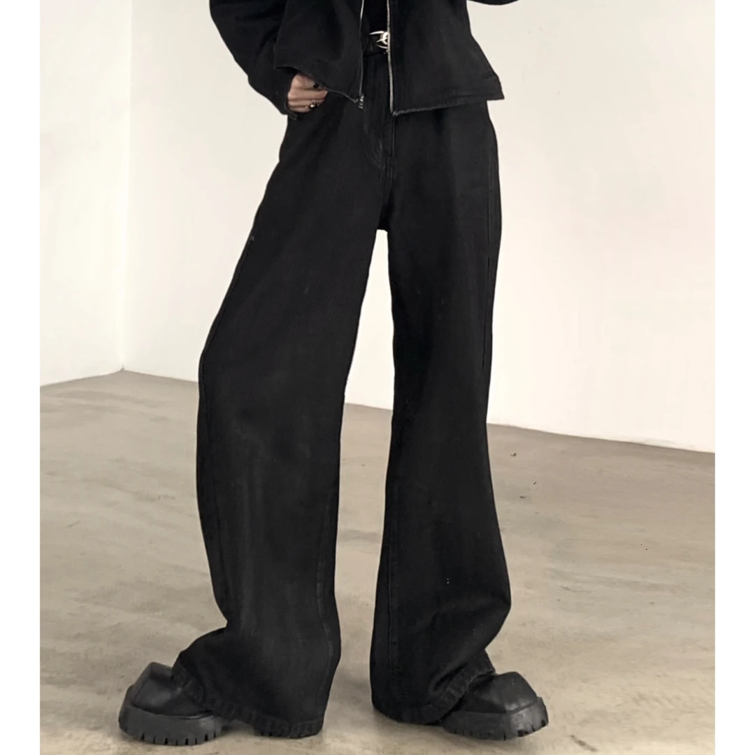 黑色宽松牛仔裤男款高腰直筒阔腿裤秋冬美式高街风A0392-1