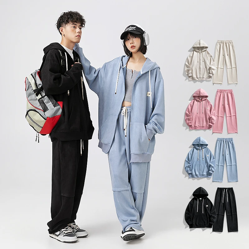 情侣款秋季新款仿麂皮绒时尚休闲运动连帽套装男女款春秋长袖套装