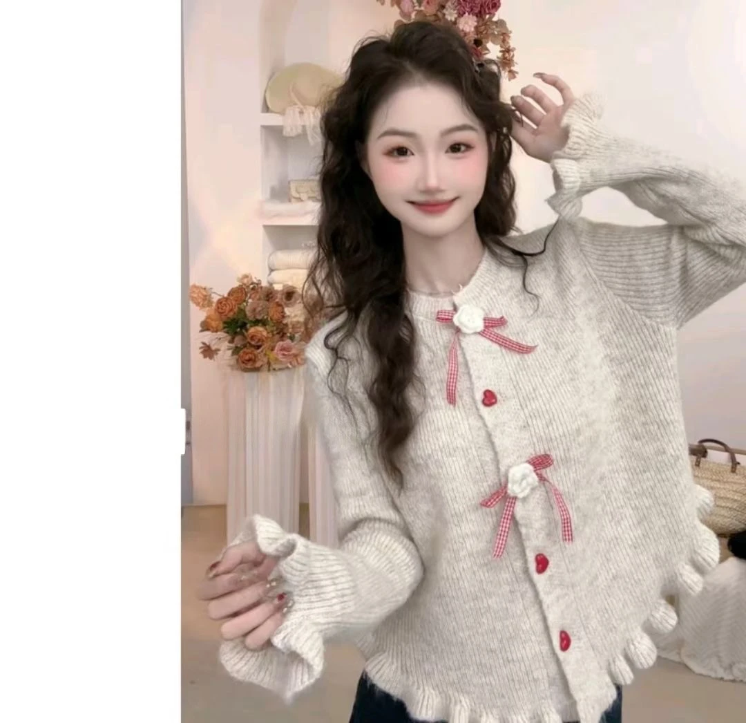 【圣诞】大码遮肚子显瘦毛衣甜美蝴蝶结花朵设计开衫木耳边秋冬百搭