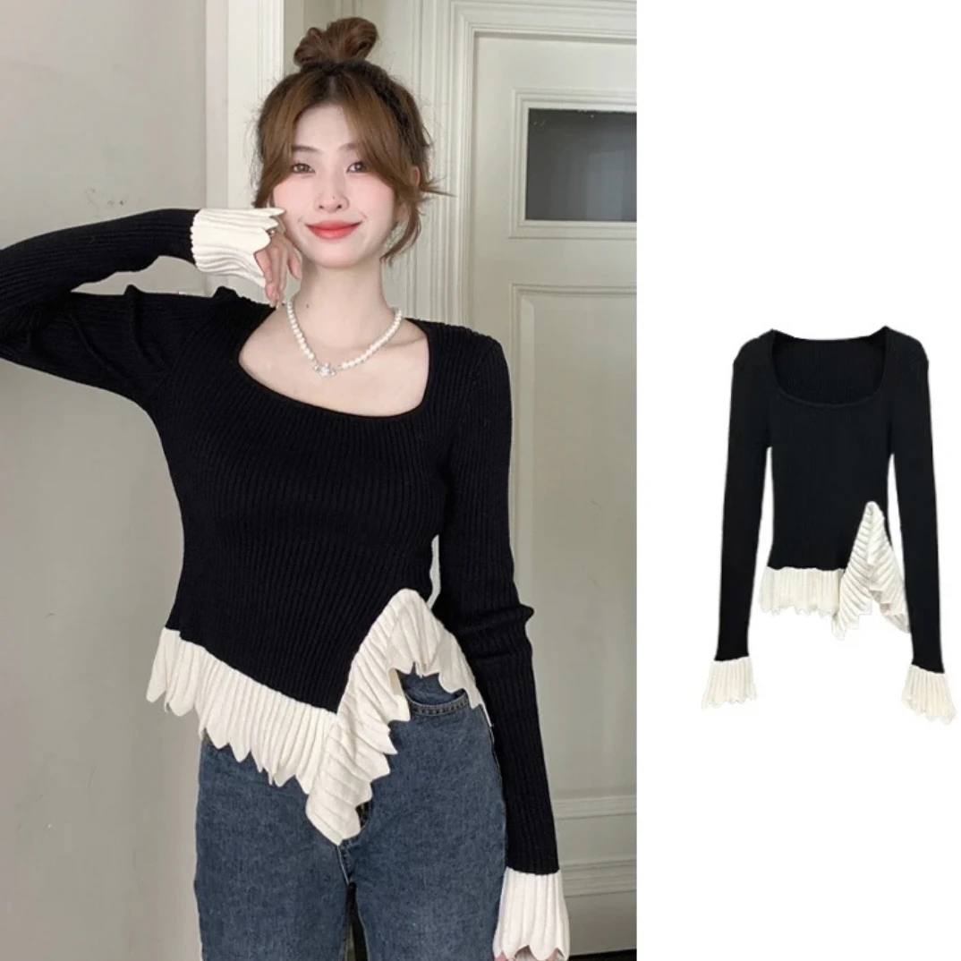 【小柒专属】显瘦大码针织女秋冬修身不规则毛衣内搭上衣