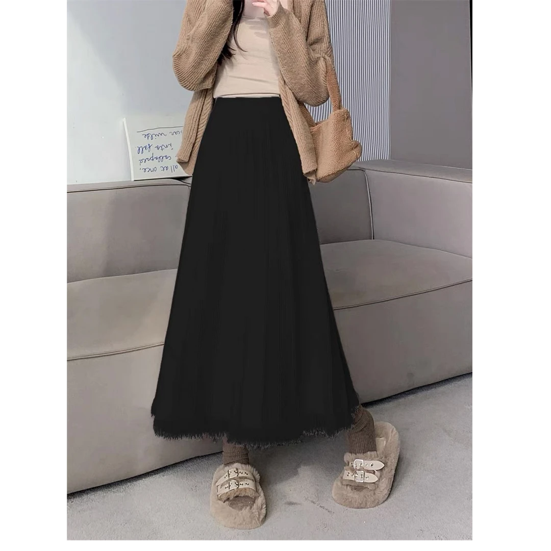 小柒推荐大码百搭显瘦半身裙针织秋冬高腰气质遮肉流苏A字大摆裙