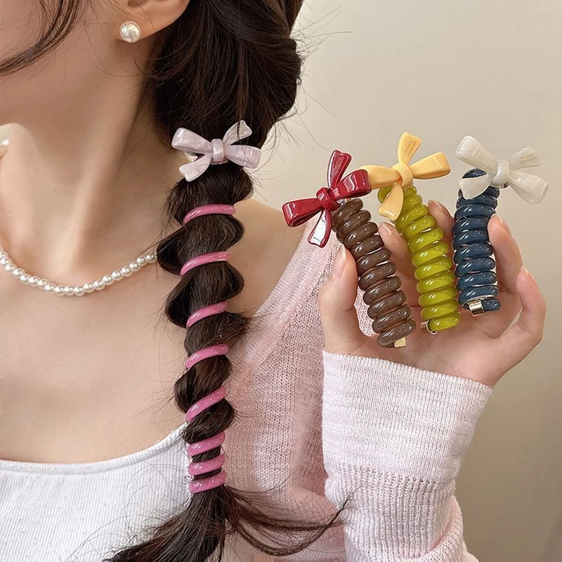 蝴蝶结直条电话线发圈高马尾泡泡辫编发高弹力头绳发饰女发绳皮筋