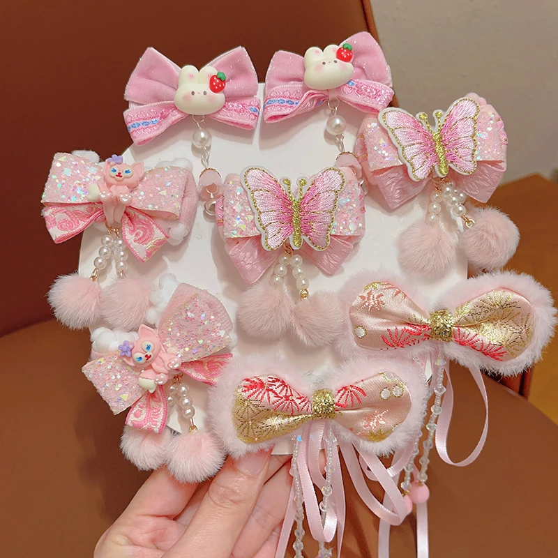 儿童蝴蝶结发夹新年头饰可爱宝宝女童丸子头对夹古风流苏发卡发饰