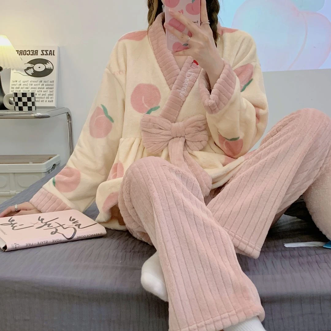 【海岛绒樱花粉】女士秋冬季睡衣保暖甜美春秋v领家居服套装秋冬季