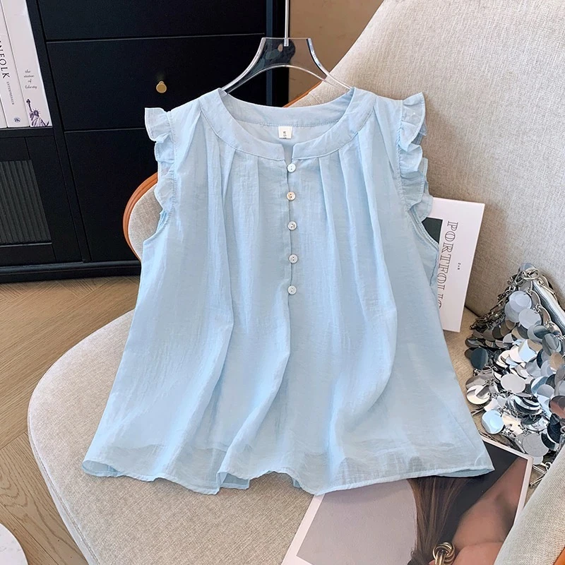 女童雪纺背心衬衫中大童夏季法式荷叶边飞飞袖百搭韩系娃娃衫上衣