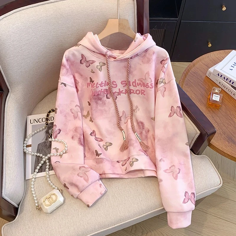 中大童扎染蝴蝶字母印花连帽长袖卫衣女童秋冬甜美美式宽松上衣潮