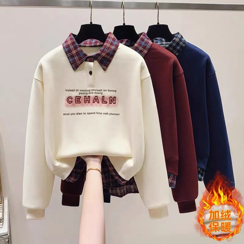 中大童polo领格纹拼接加绒女童卫衣秋冬套头长袖假两件上衣厚外套