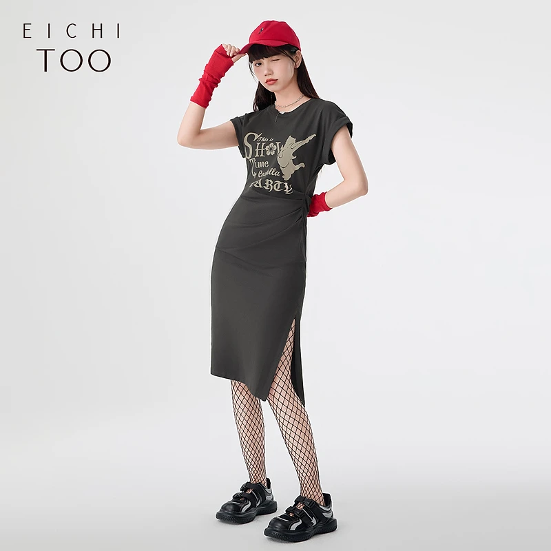 爱居兔夏季新款高级灰甜酷风短袖连衣裙EQLBJ2N027A