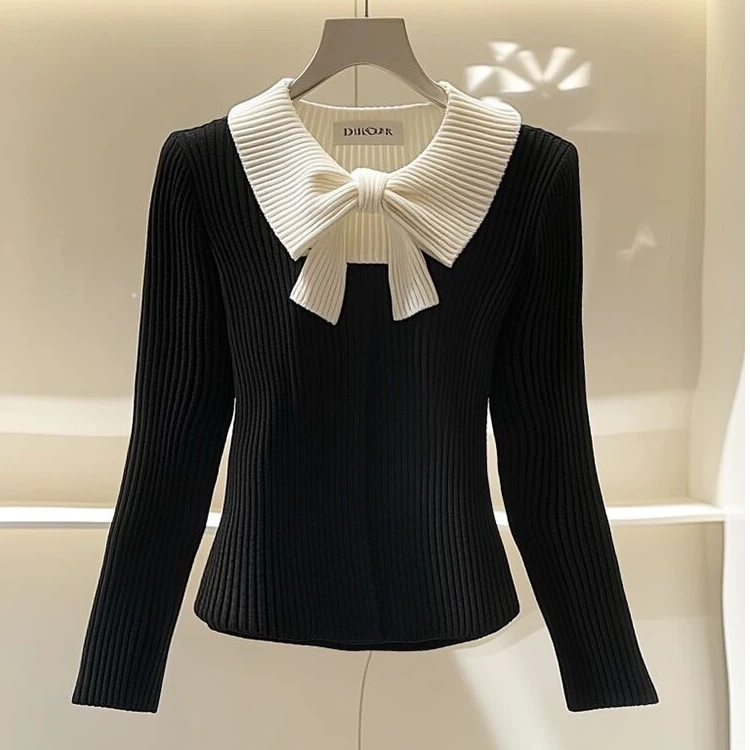 大码2024秋冬季小香风黑色蝴蝶结针织衫小众高级感打底百搭上衣女