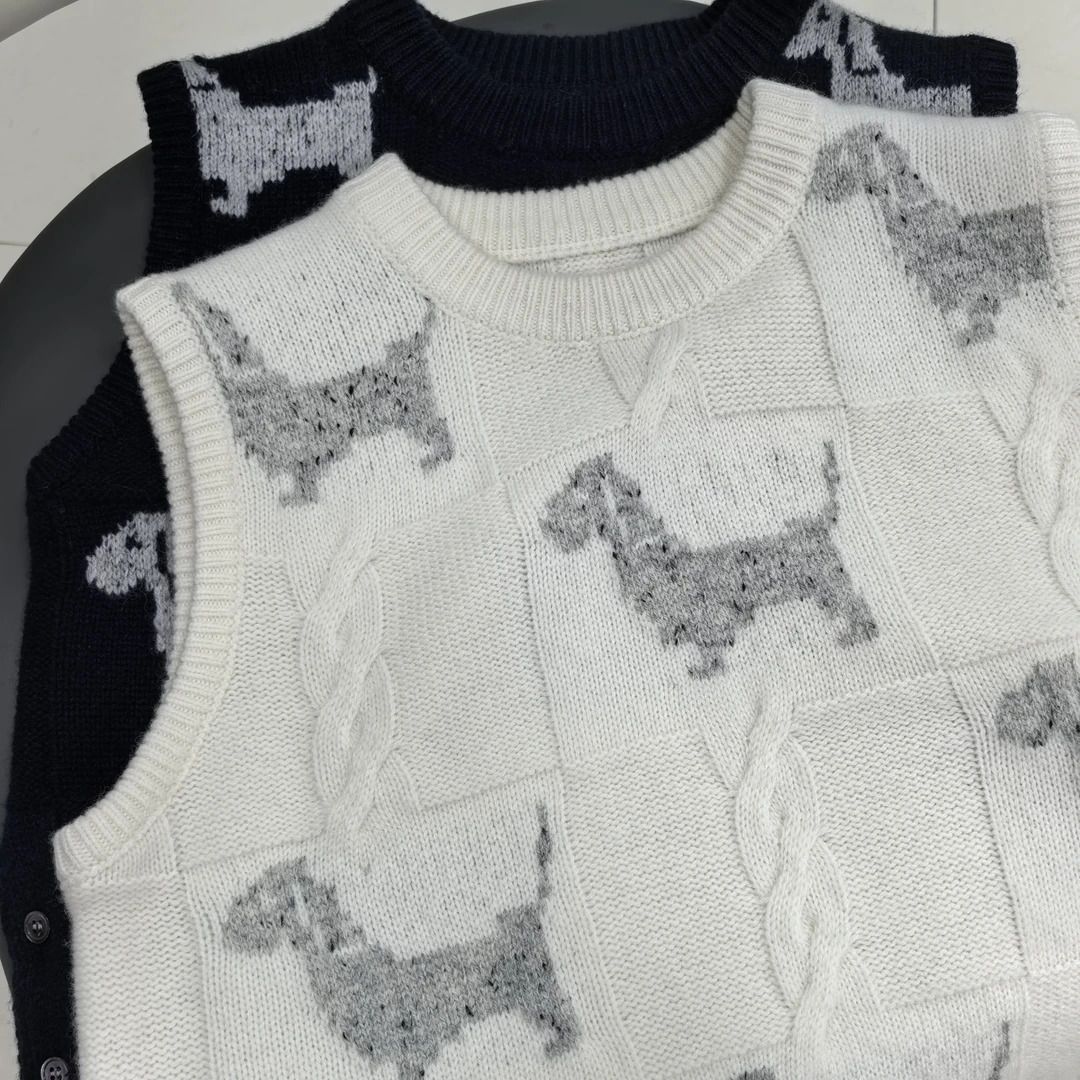 小狗嵌花白色韩版圆领背心秋冬针织套头百搭腊肠狗学院风