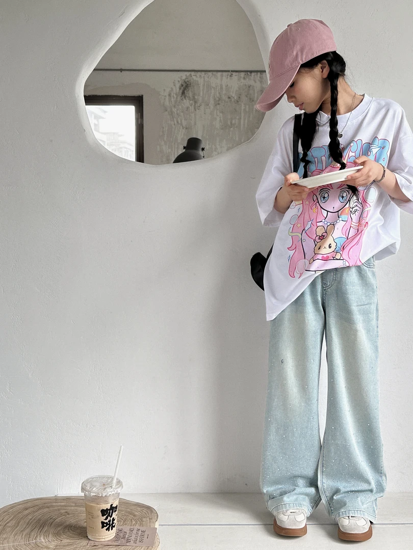 【璀璨星河】佐佐柚柚2024新款烫钻牛仔裤女童直筒夏季休闲裤宽松款