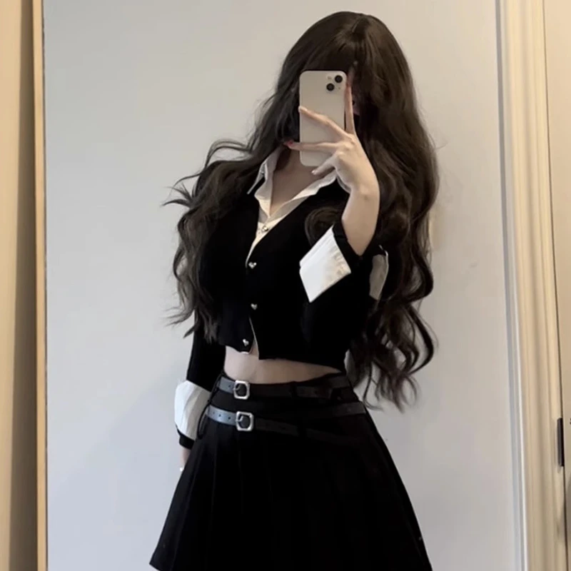 辣妹假两件针织长袖衬衫女早春新款设计感纯欲风短款修身显瘦上衣