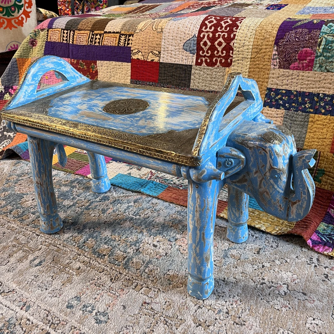 印度手工大象小凳子创意实木儿童复古餐厅蓝色换鞋凳71052