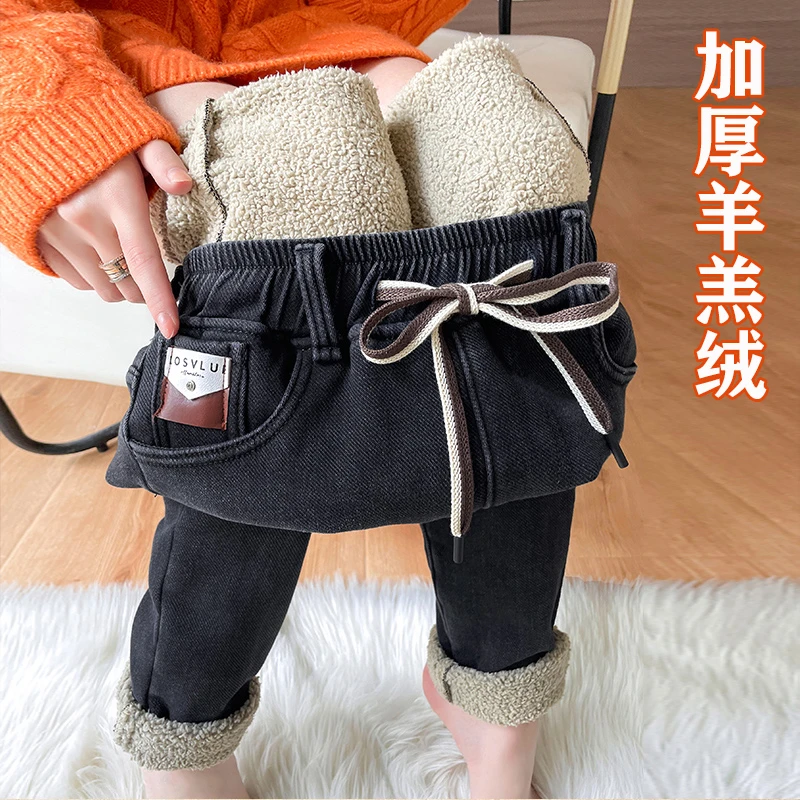 加厚羊羔绒裤子中学生牛仔裤加绒弹力长裤初中高中冬季新款松紧腰