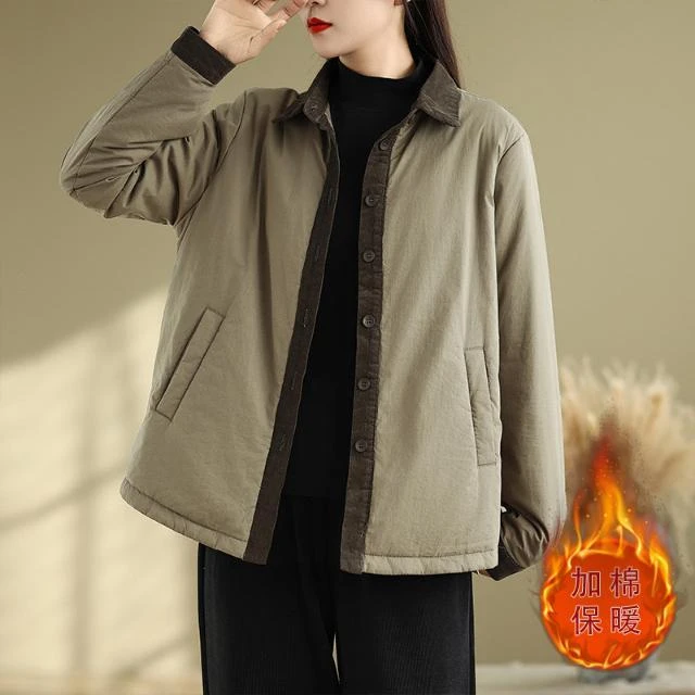 冬季新款文艺女款大码夹棉保暖加厚显瘦2025百搭衬衫棉服外套女