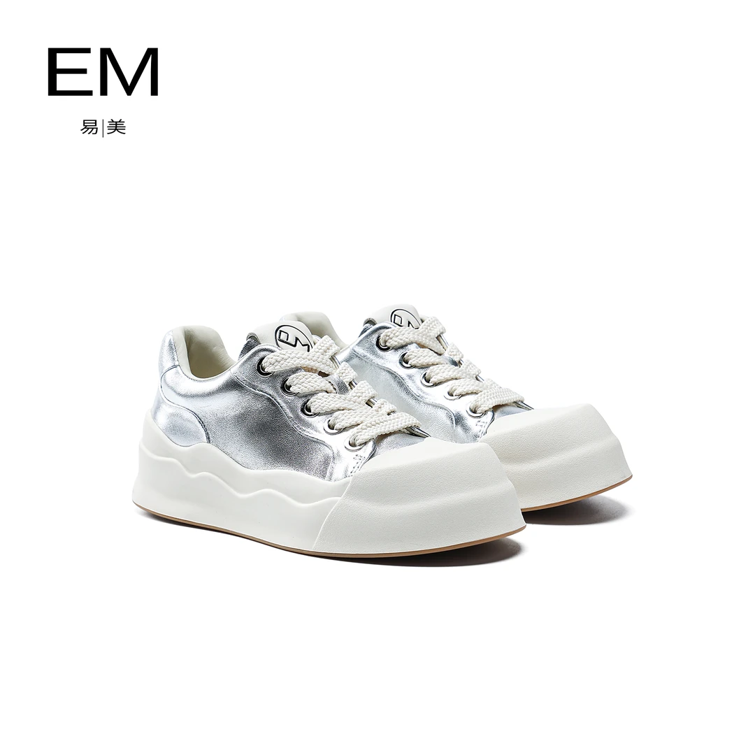 【宠粉季专享】EM2024新款真皮圆头厚底银色饼干运动休闲鞋E24AU129