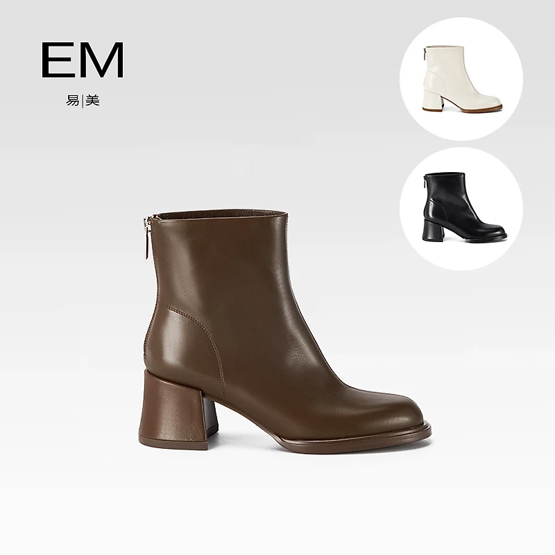 【宠粉季】EM秋冬新款胎牛皮短靴女真皮圆头粗跟时装靴M6103