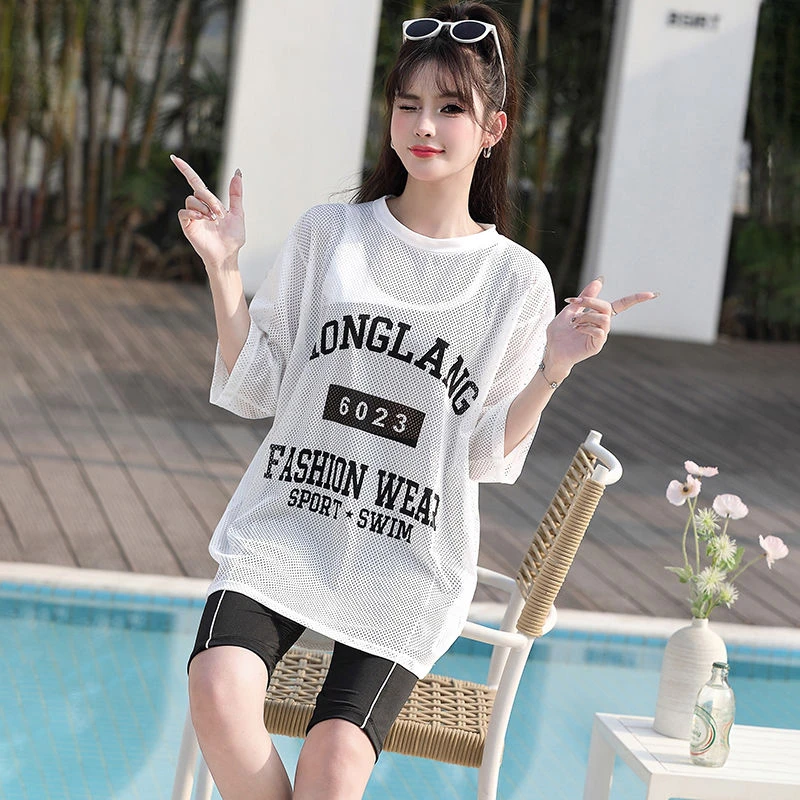 大码泳衣女胖mm200斤分体三件套短袖罩衫五分裤遮肉大胸运动泳装