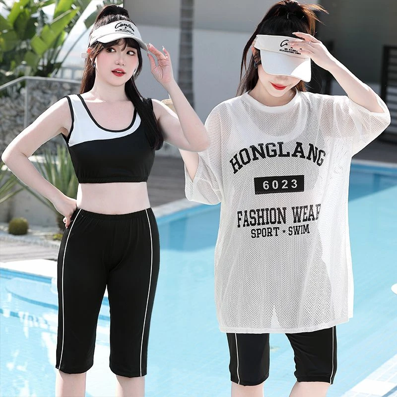 大码泳衣女胖mm200斤分体三件套长袖罩衫五分裤遮肉大胸运动泳装