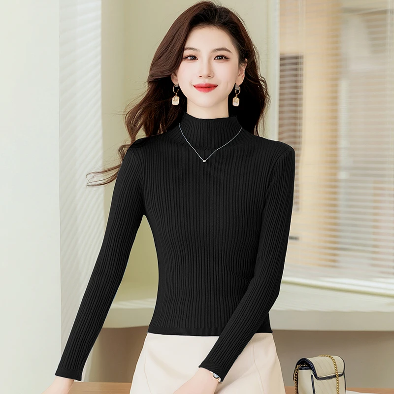 2025年秋冬新款螺纹针织衫上衣女士半高领黑色打底衫修身显瘦毛衣