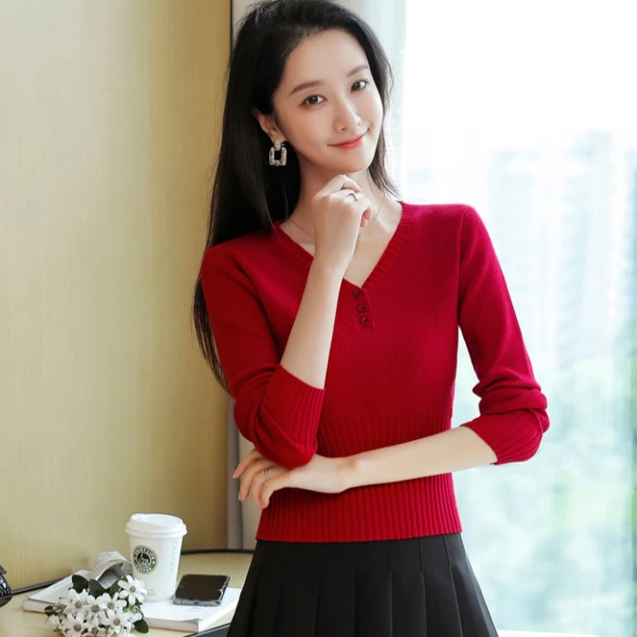V领收腰针织打底衫女2025春秋季修身短款上衣高腰小个子洋气毛衣