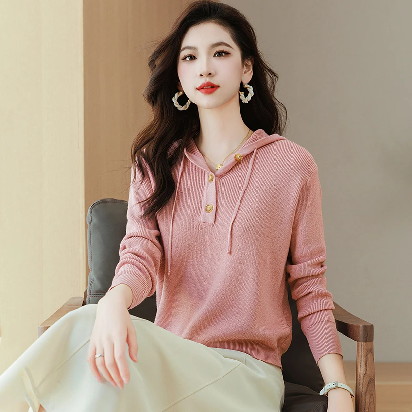 连帽卫衣女2024年新款秋季韩版女装粉色短款毛衣春秋纯色针织上衣