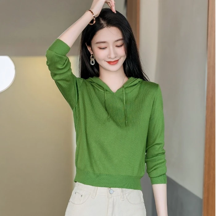 秋冬季新款洋气百搭长袖打底连帽针织衫卫衣时尚秋装短款毛衣上衣