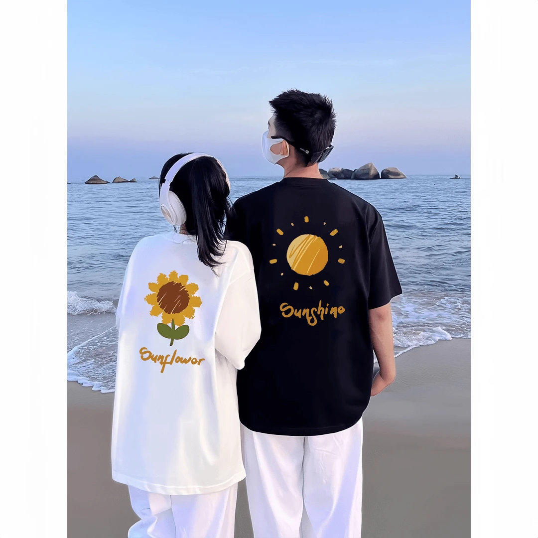 古梵沃纯棉T恤百搭夏季ins短袖圆领宽松设计感印花休闲韩版情侣装