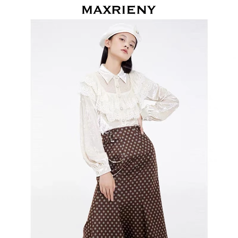 MAXRIENY宫廷风钻石绒蕾丝衫复古白衬衫气质长袖白色高腰时尚春季