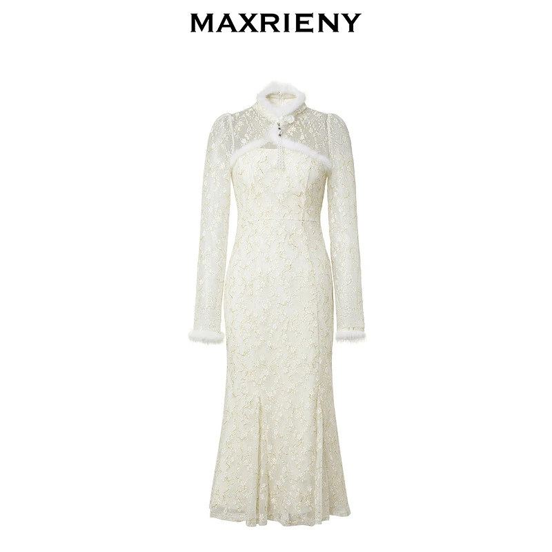 MAXRIENY国风蕾丝鱼尾连衣裙新年新中式长裙小白裙MS88DR513A10