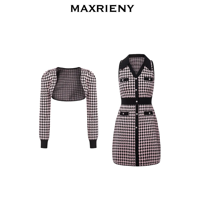 MAXRIENY樱桃派女孩千金小香连衣裙秋款千鸟格针织裙MS88DR548Z10