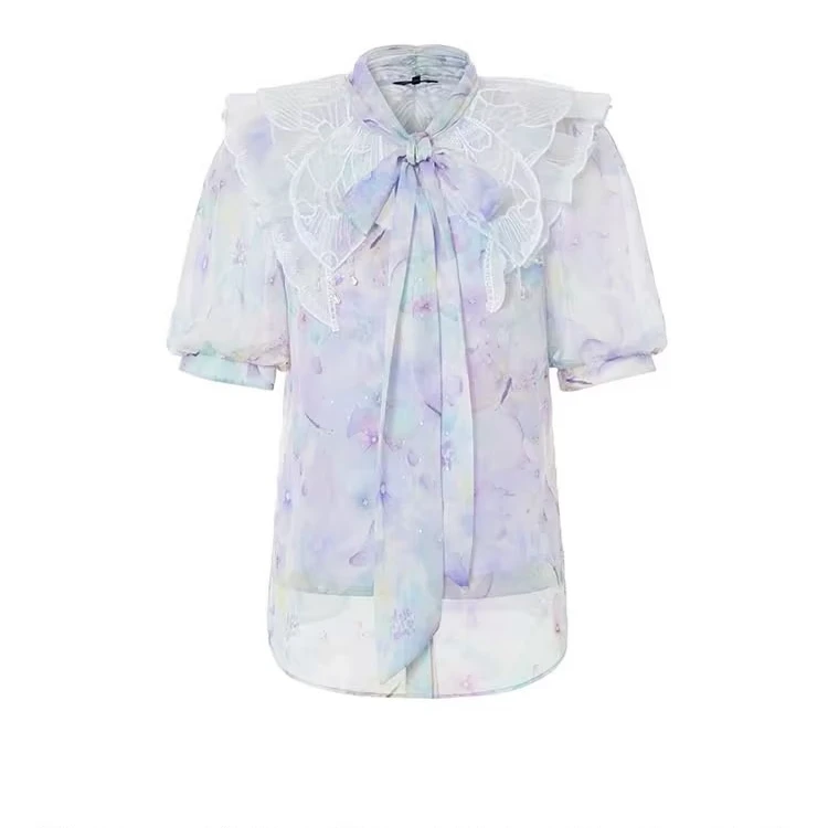 MAXRIENY蝴蝶仙紫系列森系精灵泡泡袖印花上衣薄荷MC88TP369F70