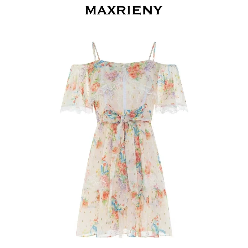 MAXRIENY边度假露肩碎花连衣裙春季新款印花短裙时尚吊带夏天女士
