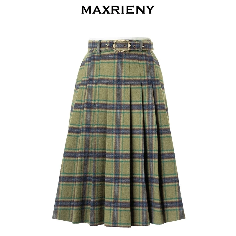 MAXRIENY复古学院风A摆中长格纹百褶半裙冬显瘦款MC88SK804Z50