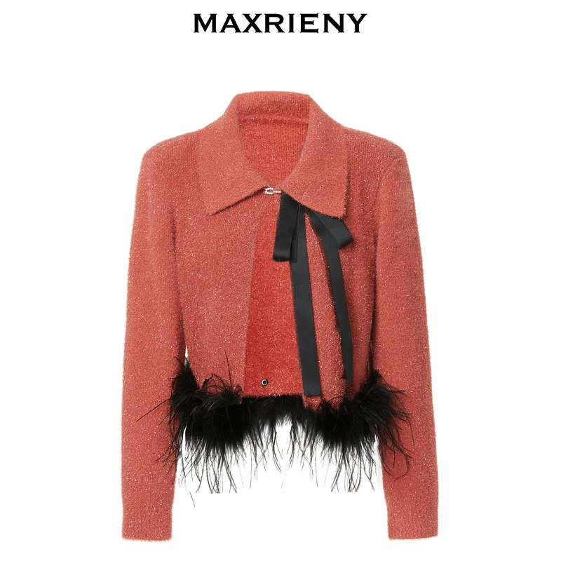 MAXRIENY精致复古感枣红色鸵鸟毛蝴蝶结毛织上衣女MC88JA566E60