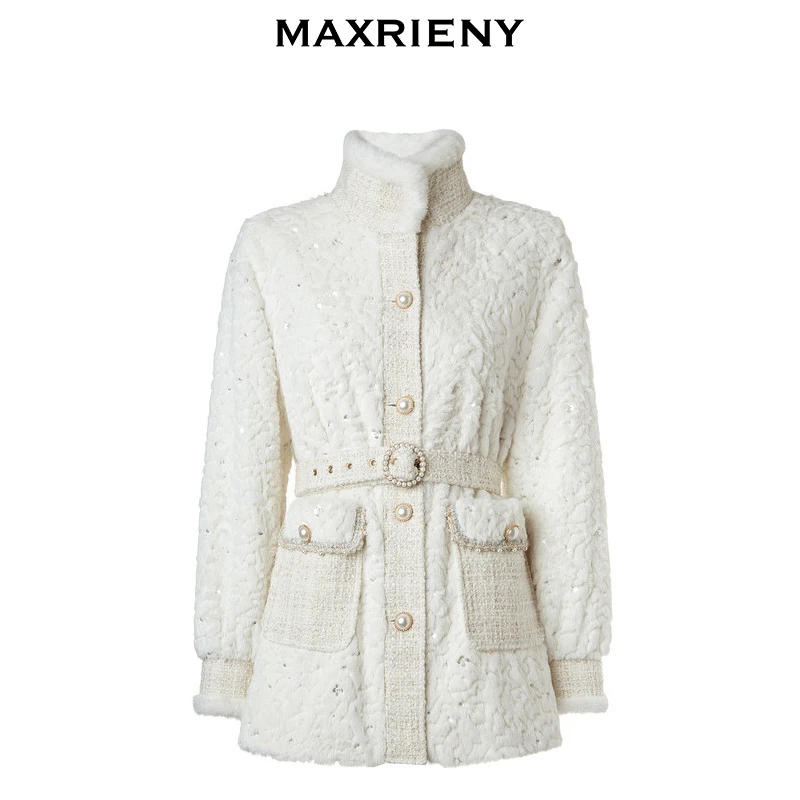MAXRIENY米白色亮片毛绒外套宽松加厚新年穿搭小香风MS87JA758A10