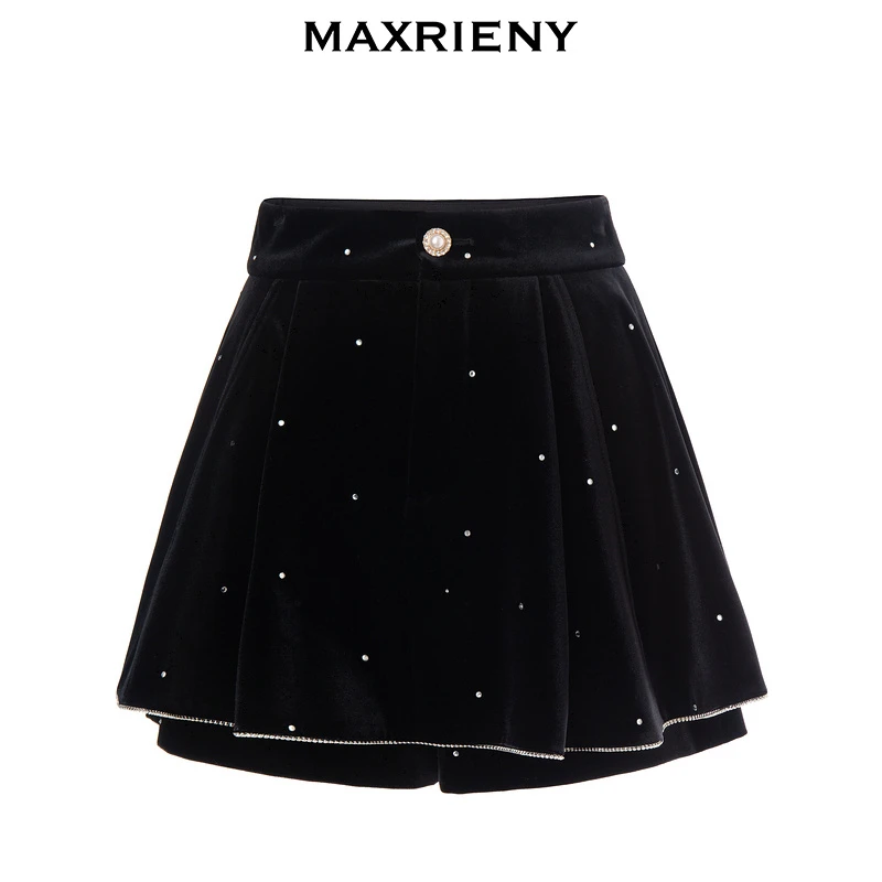 MAXRIENY黑色丝绒烫钻裤裙显瘦百搭气质复古秋冬MS87PA515A91