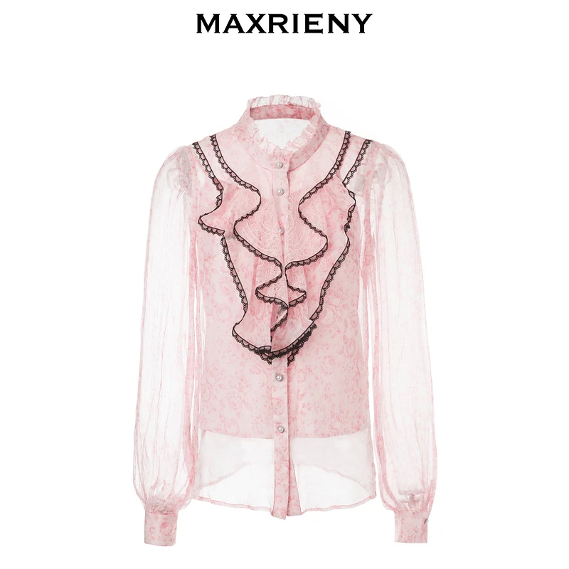 MAXRIENY翻领真丝上衣印花雪纺衫设计感蕾丝轻奢MC87TP556L00