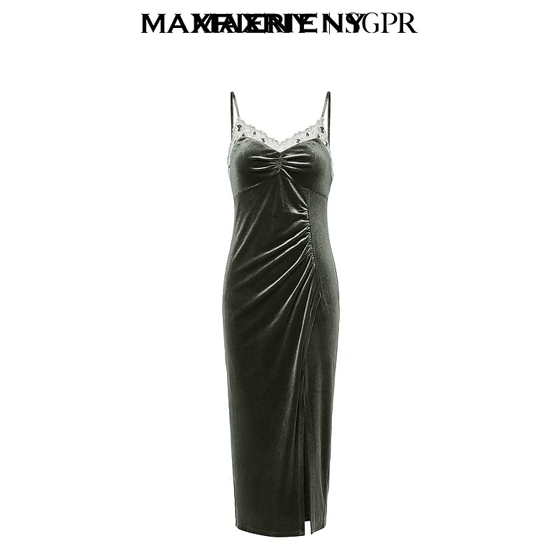 MAXRIENY精致复古绿色丝绒侧开衩吊带连衣裙气质轻奢MC88DR564W90