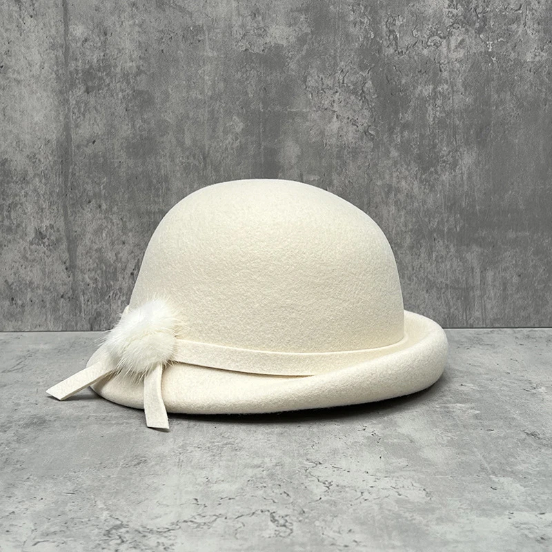 英伦复古兔毛球卷边羊毛呢贝雷帽冬季圆顶洋气韩版名媛时尚画家帽