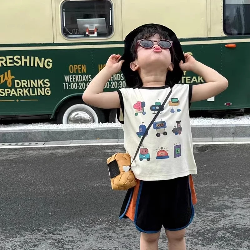 DEYAO/得遥儿童短袖2025男童卡通日系背心宝宝无袖T恤百搭休闲ins