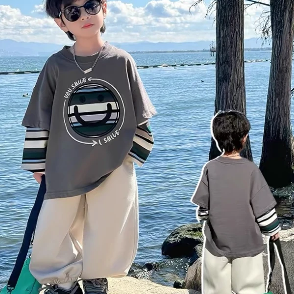 DEYAO/得遥发泡笑脸长袖T恤百搭儿童假两件痞帅上衣男孩春秋装ins