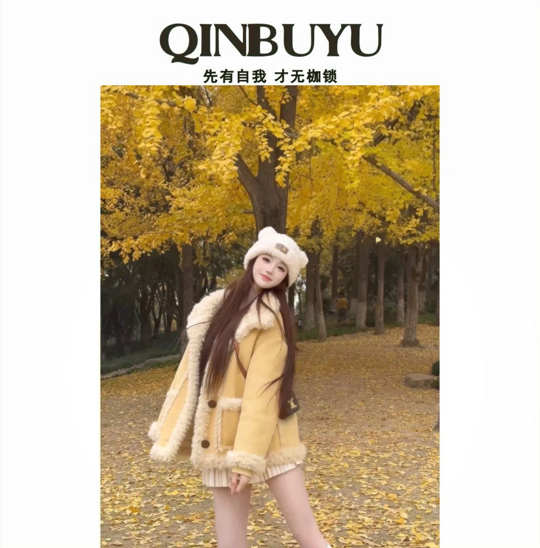 【樱花故事】短款皮毛一体外套女冬新款毛毛外套大衣