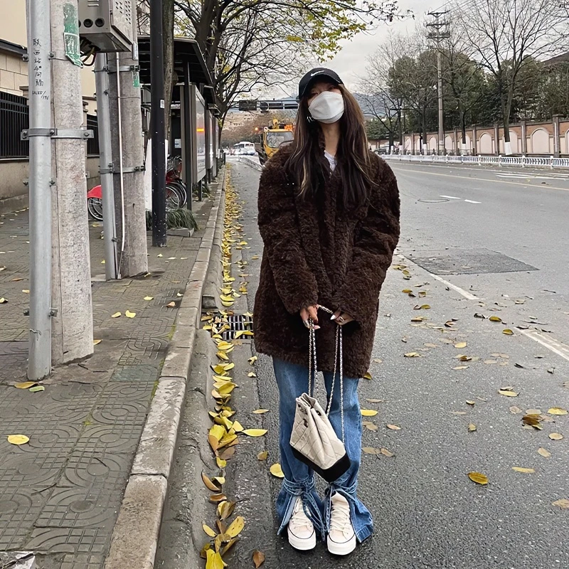 新款翻领环保春秋外套女秋冬网红加厚高级感时尚百搭宽松毛绒大衣