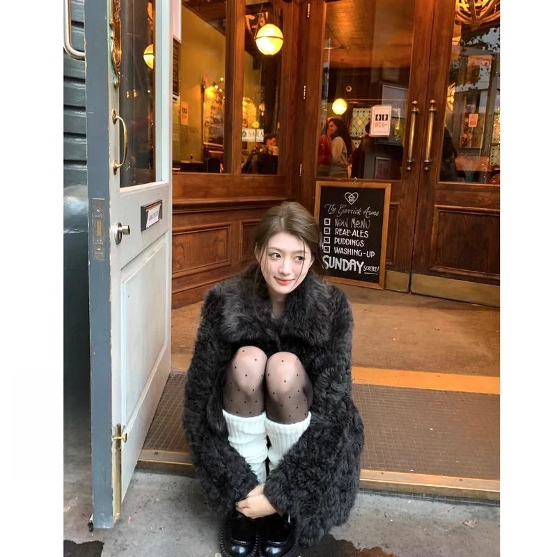 新款黑色翻领气质毛毛外套女秋冬网红加厚高级感时尚百搭毛绒大衣